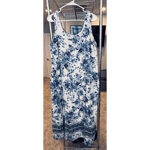 J. JILL 100% Cotton Sleeveless Maxi Dress White Blue Floral Lined Pockets XL